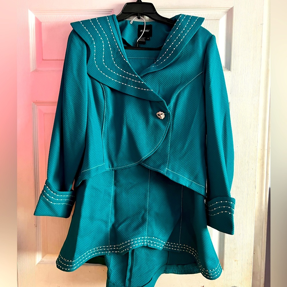 Teal Embellished- Collar Skirt Suit
